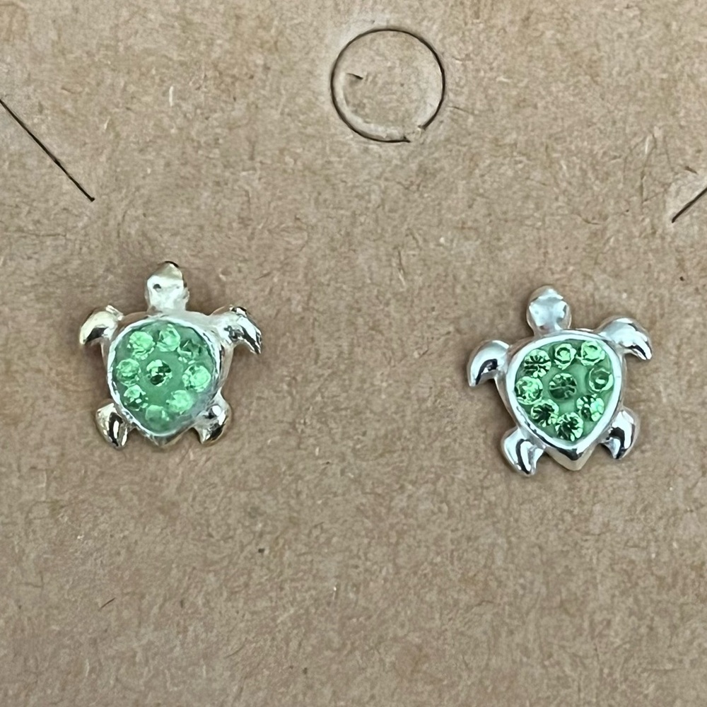 Turtle Earrings Silver Tone Green Sparkle